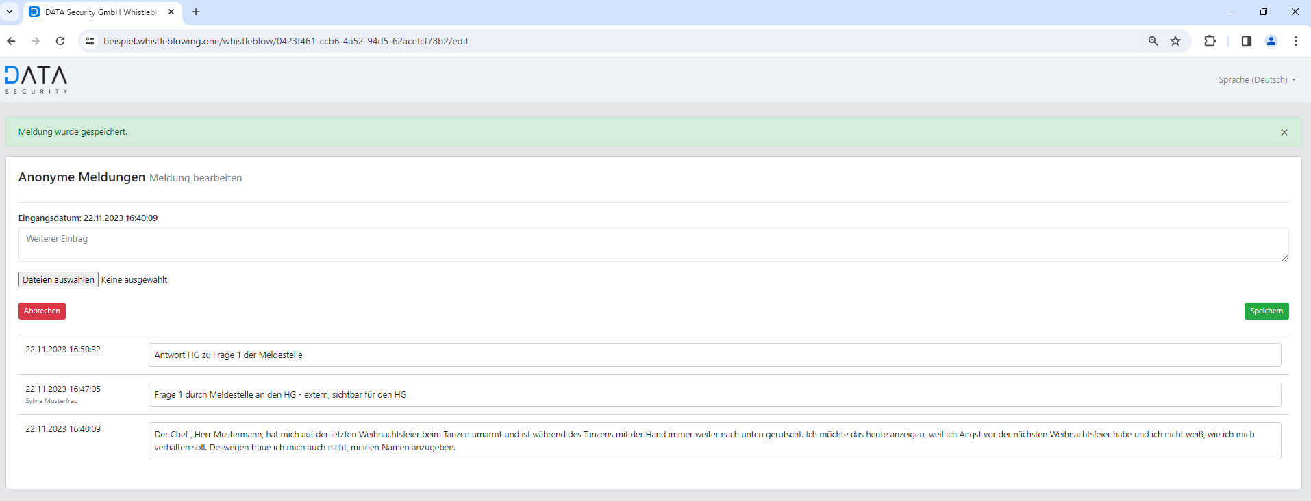 Ansicht Hinweisgeber nach Beantwortung der ersten Frage