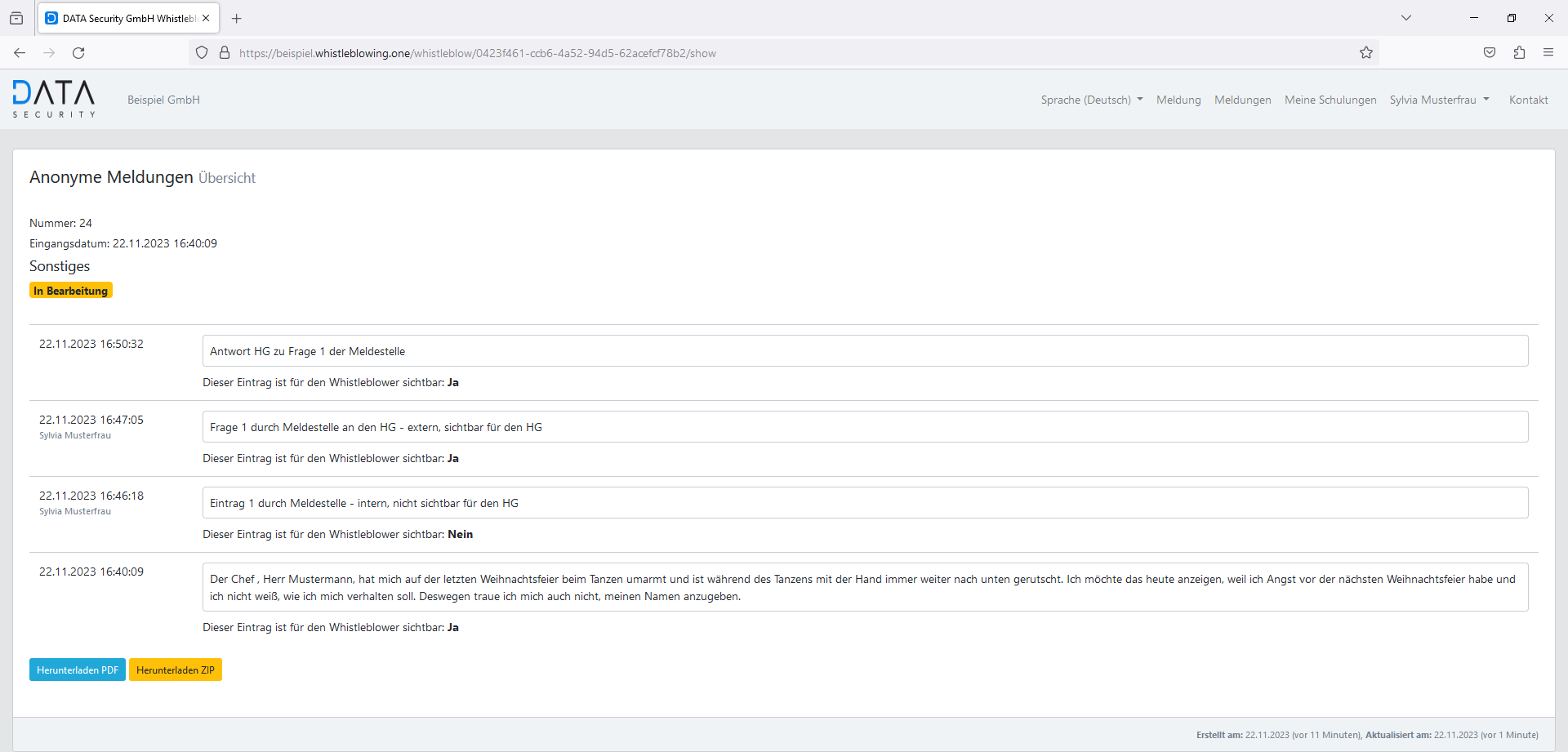 Ansicht Meldestelle nach Beantwortung der ersten Frage durch HG