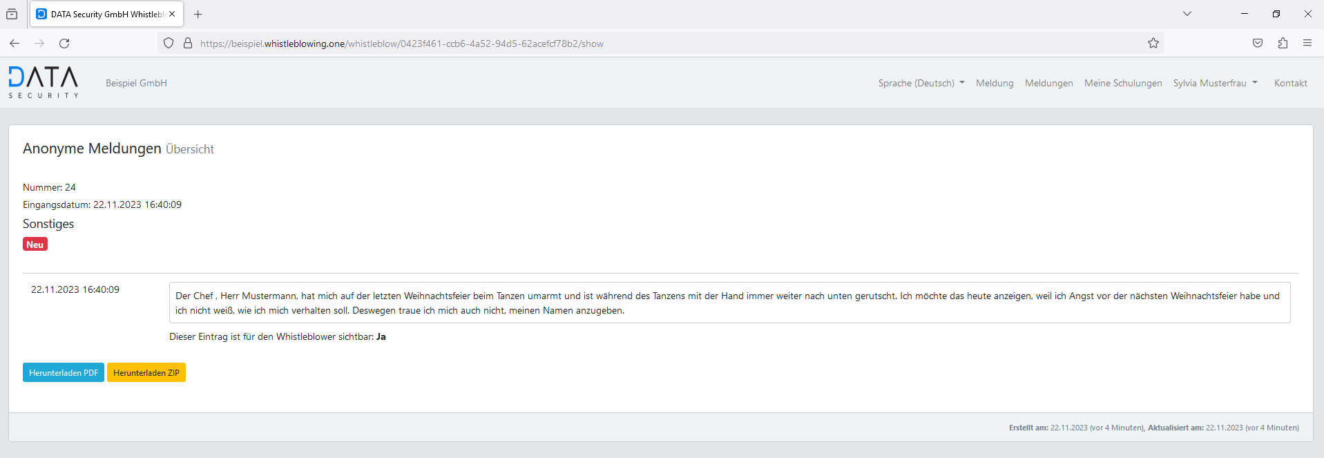 Ansicht Meldestelle nach Eingang der Meldung