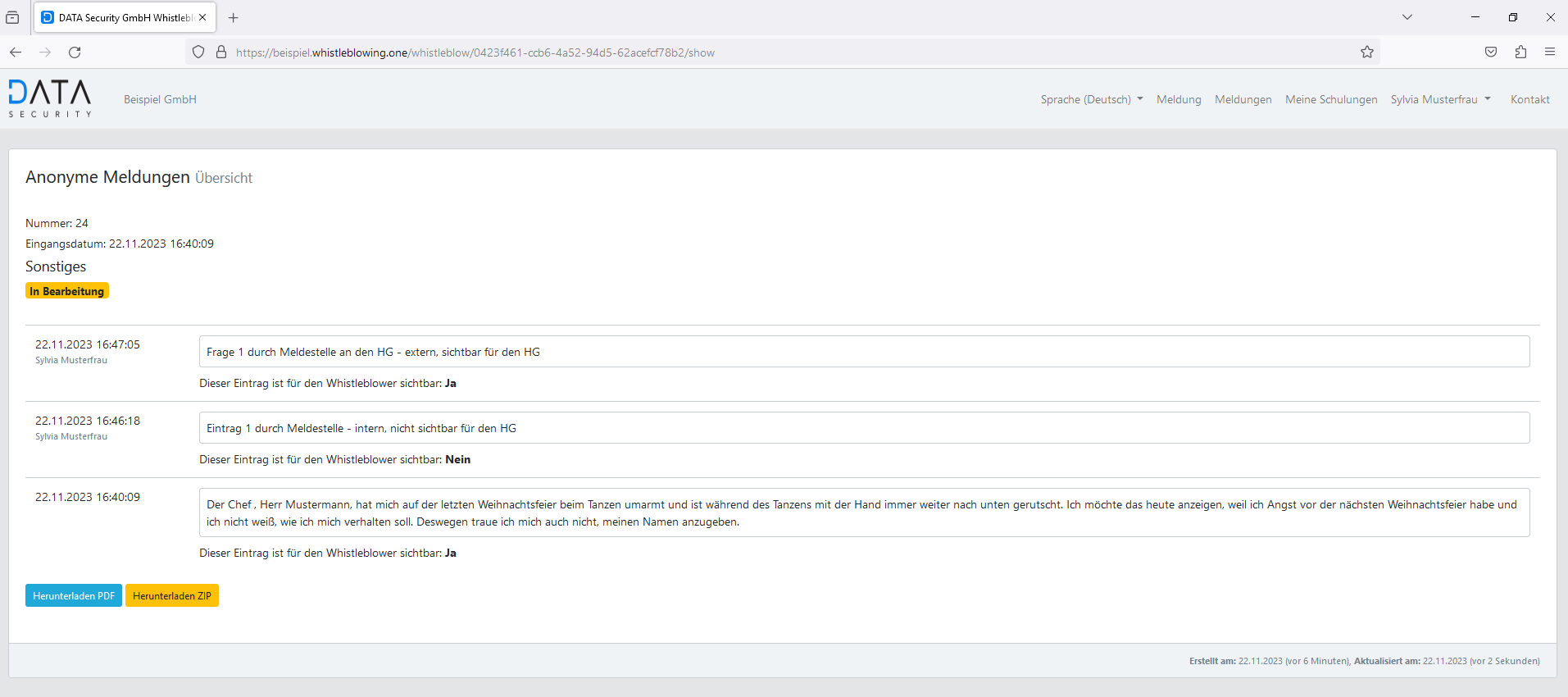 Ansicht Meldestelle nach Einträgen mit internen und externe Sichtbarkeiten